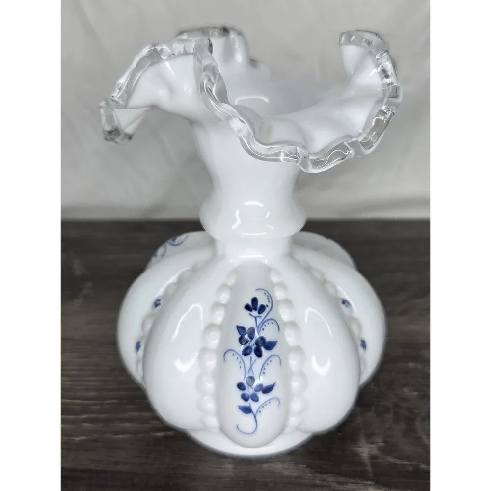 Fenton Elizabeth Silver Crest Beaded Melon Vase Blue Flowers 6